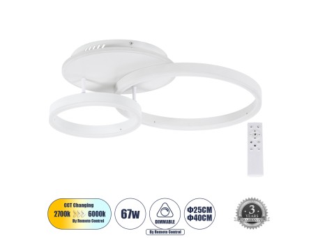 GLOBOSTAR® VENOM 61121 Μοντέρνο Φωτιστικό Οροφής LED 67W 8107lm 360° AC 220-240V IP20 Ρυθμιζόμενο Λευκό CCT με Χειριστήριο από 2700K έως 6000K Dimmable - Lumileds SMD Chip - Λευκό Ματ - Μ60 x Π40 x Υ12.5cm - 3 Χρόνια Εγγύηση