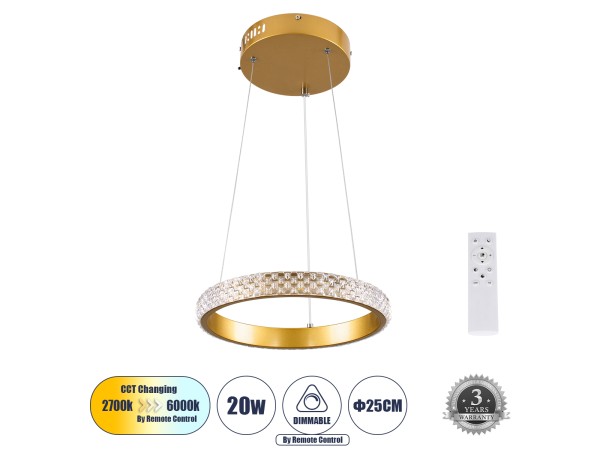 GLOBOSTAR® DIAMOND 61127 Μοντέρνο Κρεμαστό Φωτιστικό Οροφής LED 20W 2356lm 360° AC 220-240V IP20 Ρυθμιζόμενο Λευκό CCT με Χειριστήριο από 2700K έως 6000K Dimmable - Lumileds SMD Chip - Χρυσό Βούρτσας - Μ25 x Π25 x Υ3cm - 3 Χρόνια Εγγύηση GLOBOSTAR® DIAMOND 61127 Μοντέρνο Κρεμαστό Φωτιστικό Οροφής LED 20W 2356lm 360° AC 220-240V IP20 Ρυθμιζόμενο Λευκό CCT με Χειριστήριο από 2700K έως 6000K Dimmable - Lumileds SMD Chip - Χρυσό Βούρτσας - Μ25 x Π25 x Υ3cm - 3 Χρόνια Εγγύηση