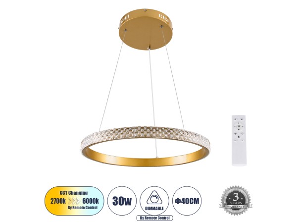 GLOBOSTAR® DIAMOND 61129 Μοντέρνο Κρεμαστό Φωτιστικό Οροφής LED 30W 3513lm 360° AC 220-240V IP20 Ρυθμιζόμενο Λευκό CCT με Χειριστήριο από 2700K έως 6000K Dimmable - Lumileds SMD Chip - Χρυσό Βούρτσας - Μ40 x Π40 x Υ3cm - 3 Χρόνια Εγγύηση