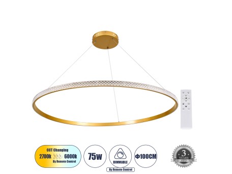 GLOBOSTAR® DIAMOND 61135 Μοντέρνο Κρεμαστό Φωτιστικό Οροφής LED 75W 8743lm 360° AC 220-240V IP20 Ρυθμιζόμενο Λευκό CCT με Χειριστήριο από 2700K έως 6000K Dimmable - Lumileds SMD Chip - Χρυσό Βούρτσας - Μ100 x Π100 x Υ3cm - 3 Χρόνια Εγγύηση