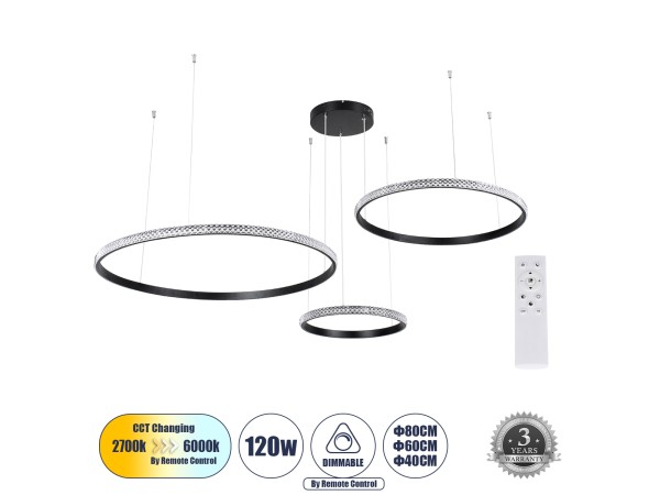 GLOBOSTAR® DIAMOND TRIO 61144 Μοντέρνο Κρεμαστό Φωτιστικό Οροφής LED 120W 14723lm 360° AC 220-240V IP20 Ρυθμιζόμενο Λευκό CCT με Χειριστήριο από 2700K έως 6000K Dimmable - Lumileds SMD Chip - Μαυρό Ματ - Μ150 x Π150 x Υ60cm - 3 Χρόνια Εγγύηση