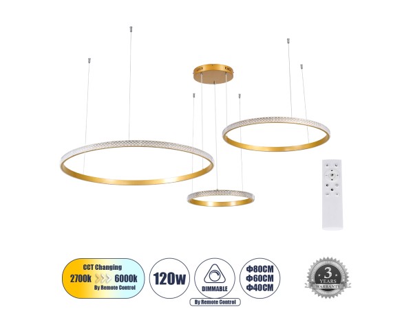 GLOBOSTAR® DIAMOND TRIO 61145 Μοντέρνο Κρεμαστό Φωτιστικό Οροφής LED 120W 14723lm 360° AC 220-240V IP20 Ρυθμιζόμενο Λευκό CCT με Χειριστήριο από 2700K έως 6000K Dimmable - Lumileds SMD Chip - Χρυσό Βούρτσας - Μ150 x Π150 x Υ60cm - 3 Χρόνια Εγγύηση GLOBOSTAR® DIAMOND TRIO 61145 Μοντέρνο Κρεμαστό Φωτιστικό Οροφής LED 120W 14723lm 360° AC 220-240V IP20 Ρυθμιζόμενο Λευκό CCT με Χειριστήριο από 2700K έως 6000K Dimmable - Lumileds SMD Chip - Χρυσό Βούρτσας - Μ150 x Π150 x Υ60cm - 3 Χρόνια Εγγύηση