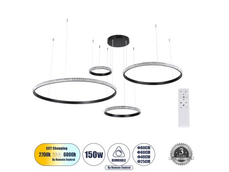 GLOBOSTAR® DIAMOND TETRA 61148 Μοντέρνο Κρεμαστό Φωτιστικό Οροφής LED 150W 18379lm 360° AC 220-240V IP20 Ρυθμιζόμενο Λευκό CCT με Χειριστήριο από 2700K έως 6000K Dimmable - Lumileds SMD Chip - Μαύρο Ματ - Μ150 x Π150 x Υ120cm - 3 Χρόνια Εγγύηση