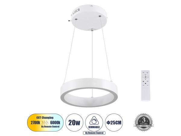 GLOBOSTAR® NEMESIS 61153 Μοντέρνο Κρεμαστό Φωτιστικό Οροφής LED 20W 2356lm 360° AC 220-240V IP20 Ρυθμιζόμενο Λευκό CCT με Χειριστήριο από 2700K έως 6000K Dimmable - Lumileds SMD Chip - Λευκό Ματ - Μ25 x Π25 x Υ4cm - 3 Χρόνια Εγγύηση