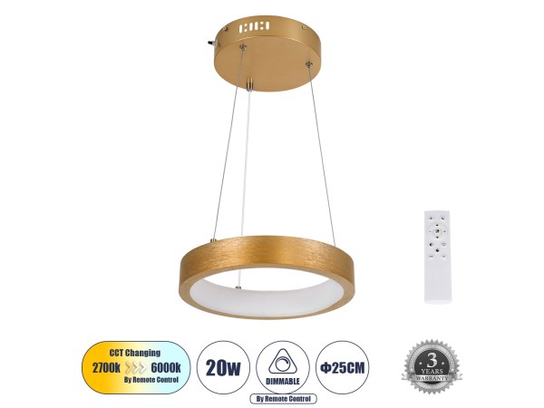GLOBOSTAR® NEMESIS 61154 Μοντέρνο Κρεμαστό Φωτιστικό Οροφής LED 20W 2356lm 360° AC 220-240V IP20 Ρυθμιζόμενο Λευκό CCT με Χειριστήριο από 2700K έως 6000K Dimmable - Lumileds SMD Chip - Χρυσό Βούρτσας - Μ25 x Π25 x Υ4cm - 3 Χρόνια Εγγύηση