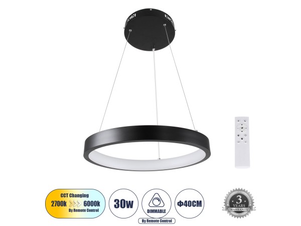 GLOBOSTAR® NEMESIS 61155 Μοντέρνο Κρεμαστό Φωτιστικό Οροφής LED 30W 3513lm 360° AC 220-240V IP20 Ρυθμιζόμενο Λευκό CCT με Χειριστήριο από 2700K έως 6000K Dimmable - Lumileds SMD Chip - Μαυρό Ματ - Μ40 x Π40 x Υ4cm - 3 Χρόνια Εγγύηση