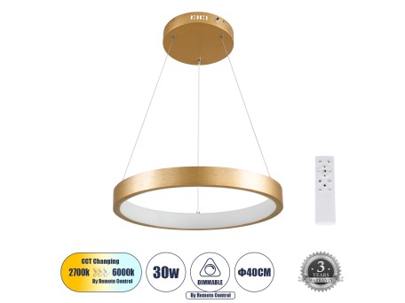 GLOBOSTAR® NEMESIS 61157 Μοντέρνο Κρεμαστό Φωτιστικό Οροφής LED 30W 3513lm 360° AC 220-240V IP20 Ρυθμιζόμενο Λευκό CCT με Χειριστήριο από 2700K έως 6000K Dimmable - Lumileds SMD Chip - Χρυσό Βούρτσας - Μ40 x Π40 x Υ4cm - 3 Χρόνια Εγγύηση