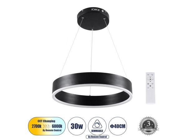 GLOBOSTAR® VENOM 61173 Μοντέρνο Κρεμαστό Φωτιστικό Οροφής LED 30W 3513lm 120° AC 220-240V IP20 Ρυθμιζόμενο Λευκό CCT με Χειριστήριο από 2700K έως 6000K Dimmable - Lumileds SMD Chip - Μαύρο Ματ - Μ40 x Π40 x Υ6.5cm - 3 Χρόνια Εγγύηση