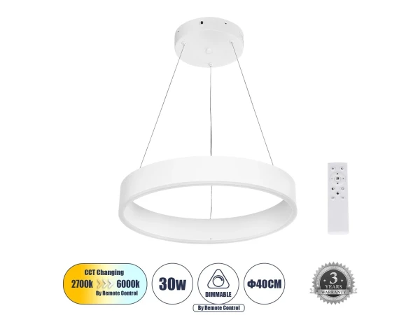 GLOBOSTAR® VENOM 61174 Μοντέρνο Κρεμαστό Φωτιστικό Οροφής LED 30W 3513lm 120° AC 220-240V IP20 Ρυθμιζόμενο Λευκό CCT με Χειριστήριο από 2700K έως 6000K Dimmable - Lumileds SMD Chip - Λευκό Ματ - Μ40 x Π40 x Υ6.5cm - 3 Χρόνια Εγγύηση