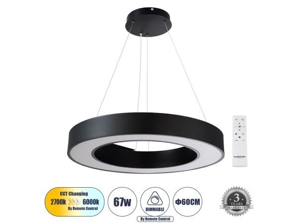GLOBOSTAR® RA 61194 Μοντέρνο Κρεμαστό Φωτιστικό Οροφής LED 67W 7370lm 120° AC 220-240V IP20 Ρυθμιζόμενο Λευκό CCT με Χειριστήριο από 2700K έως 6000K Dimmable - Lumileds SMD Chip - Μαύρο Ματ - Μ60 x Π60 x Υ8cm - 3 Χρόνια Εγγύηση