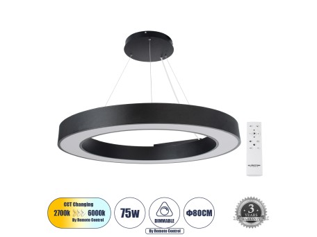 GLOBOSTAR® RA 61196 Μοντέρνο Κρεμαστό Φωτιστικό Οροφής LED 75W 8250lm 120° AC 220-240V IP20 Ρυθμιζόμενο Λευκό CCT με Χειριστήριο από 2700K έως 6000K Dimmable - Lumileds SMD Chip - Μαύρο Ματ - Μ80 x Π80 x Υ8cm - 3 Χρόνια Εγγύηση