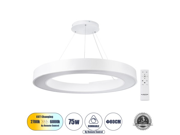 GLOBOSTAR® RA 61197 Μοντέρνο Κρεμαστό Φωτιστικό Οροφής LED 75W 8250lm 120° AC 220-240V IP20 Ρυθμιζόμενο Λευκό CCT με Χειριστήριο από 2700K έως 6000K Dimmable - Lumileds SMD Chip - Λευκό Ματ - Μ80 x Π80 x Υ8cm - 3 Χρόνια Εγγύηση
