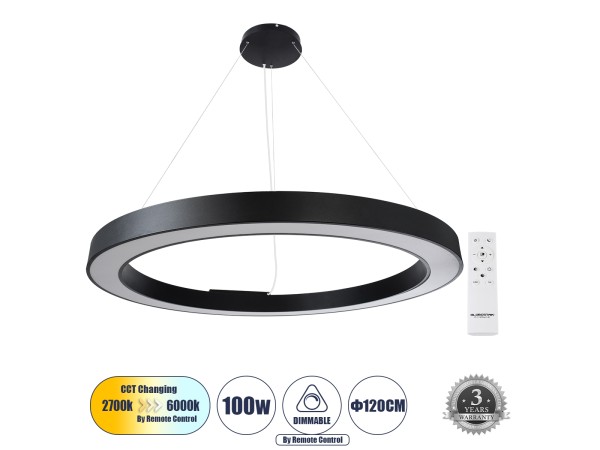 GLOBOSTAR® RA 61198 Μοντέρνο Κρεμαστό Φωτιστικό Οροφής LED 100W 11020lm 120° AC 220-240V IP20 Ρυθμιζόμενο Λευκό CCT με Χειριστήριο από 2700K έως 6000K Dimmable - Lumileds SMD Chip - Μαύρο Ματ - Μ120 x Π120 x Υ8cm - 3 Χρόνια Εγγύηση