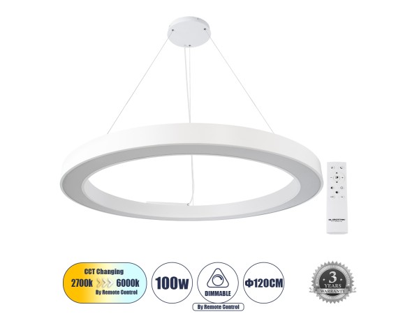 GLOBOSTAR® RA 61199 Μοντέρνο Κρεμαστό Φωτιστικό Οροφής LED 100W 11020lm 120° AC 220-240V IP20 Ρυθμιζόμενο Λευκό CCT με Χειριστήριο από 2700K έως 6000K Dimmable - Lumileds SMD Chip - Λευκό Ματ - Μ120 x Π120 x Υ8cm - 3 Χρόνια Εγγύηση