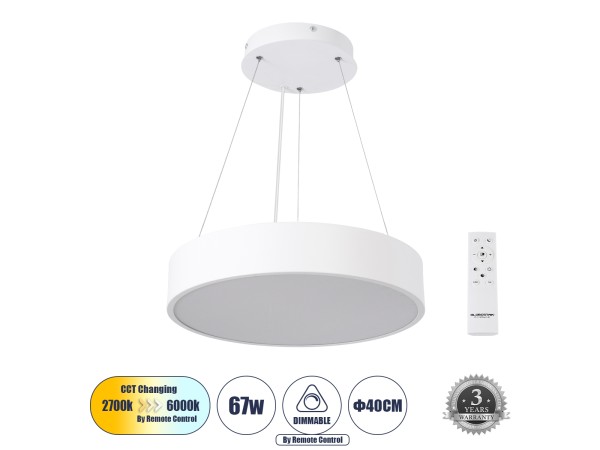 GLOBOSTAR® BURTON 61201 Μοντέρνο Κρεμαστό Φωτιστικό Οροφής LED 67W 7370lm 120° AC 220-240V IP20 Ρυθμιζόμενο Λευκό CCT με Χειριστήριο από 2700K έως 6000K Dimmable - Lumileds SMD Chip - Λευκό Ματ - Μ40 x Π40 x Υ8cm - 3 Χρόνια Εγγύηση