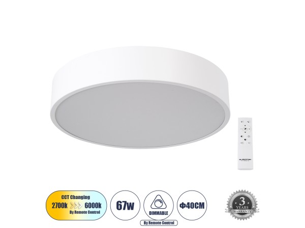 GLOBOSTAR® BURTON 61201-S Μοντέρνο Φωτιστικό Οροφής LED 67W 7370lm 120° AC 220-240V IP20 Ρυθμιζόμενο Λευκό CCT με Χειριστήριο από 2700K έως 6000K Dimmable - Lumileds SMD Chip - Λευκό Ματ - Μ40 x Π40 x Υ8cm - 3 Χρόνια Εγγύηση
