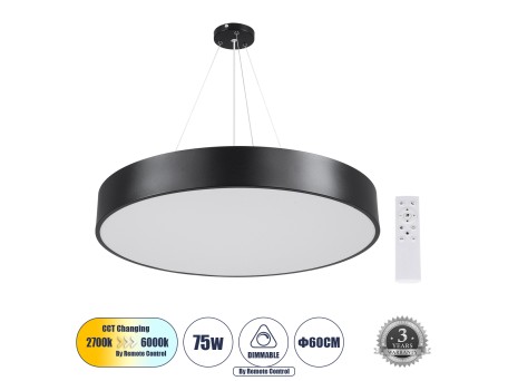 GLOBOSTAR® BURTON 61202 Μοντέρνο Κρεμαστό Φωτιστικό Οροφής LED 75W 8625lm 120° AC 220-240V IP20 Ρυθμιζόμενο Λευκό CCT με Χειριστήριο από 2700K έως 6000K Dimmable - Lumileds SMD Chip - Μαύρο Ματ - Μ60 x Π60 x Υ8cm - 3 Χρόνια Εγγύηση