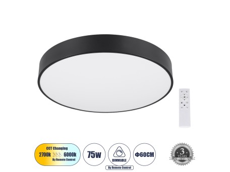 GLOBOSTAR® BURTON 61202-S Μοντέρνο Φωτιστικό Οροφής LED 75W 8625lm 120° AC 220-240V IP20 Ρυθμιζόμενο Λευκό CCT με Χειριστήριο από 2700K έως 6000K Dimmable - Lumileds SMD Chip - Μαύρο Ματ - Μ60 x Π60 x Υ8cm - 3 Χρόνια Εγγύηση