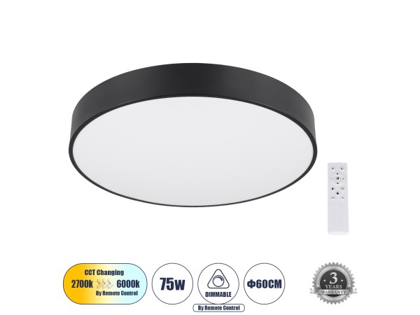 GLOBOSTAR® BURTON 61202-S Μοντέρνο Φωτιστικό Οροφής LED 75W 8625lm 120° AC 220-240V IP20 Ρυθμιζόμενο Λευκό CCT με Χειριστήριο από 2700K έως 6000K Dimmable - Lumileds SMD Chip - Μαύρο Ματ - Μ60 x Π60 x Υ8cm - 3 Χρόνια Εγγύηση