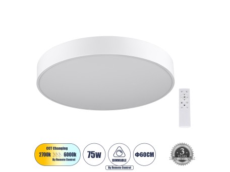 GLOBOSTAR® BURTON 61203-S Μοντέρνο Φωτιστικό Οροφής LED 75W 7500lm 120° AC 220-240V IP20 Ρυθμιζόμενο Λευκό CCT με Χειριστήριο από 2700K έως 6000K Dimmable - Lumileds SMD Chip - Λευκό Ματ - Μ60 x Π60 x Υ8cm - 3 Χρόνια Εγγύηση
