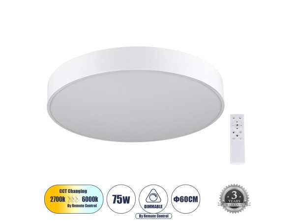 GLOBOSTAR® BURTON 61203-S Μοντέρνο Φωτιστικό Οροφής LED 75W 8625lm 120° AC 220-240V IP20 Ρυθμιζόμενο Λευκό CCT με Χειριστήριο από 2700K έως 6000K Dimmable - Lumileds SMD Chip - Λευκό Ματ - Μ60 x Π60 x Υ8cm - 3 Χρόνια Εγγύηση GLOBOSTAR® BURTON 61203-S Μοντέρνο Φωτιστικό Οροφής LED 75W 8625lm 120° AC 220-240V IP20 Ρυθμιζόμενο Λευκό CCT με Χειριστήριο από 2700K έως 6000K Dimmable - Lumileds SMD Chip - Λευκό Ματ - Μ60 x Π60 x Υ8cm - 3 Χρόνια Εγγύηση