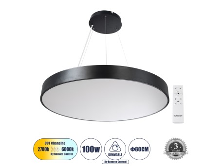 GLOBOSTAR® BURTON 61204 Μοντέρνο Κρεμαστό Φωτιστικό Οροφής LED 100W 11020lm 120° AC 220-240V IP20 Ρυθμιζόμενο Λευκό CCT με Χειριστήριο από 2700K έως 6000K Dimmable - Lumileds SMD Chip - Μαύρο Ματ - Μ80 x Π80 x Υ8cm - 3 Χρόνια Εγγύηση