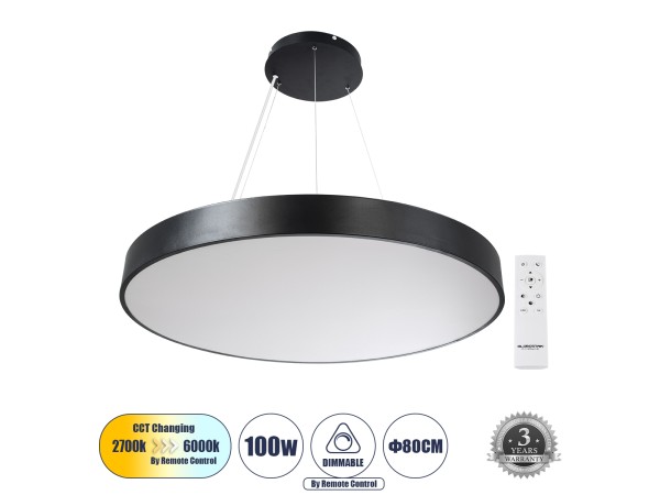 GLOBOSTAR® BURTON 61204 Μοντέρνο Κρεμαστό Φωτιστικό Οροφής LED 100W 11020lm 120° AC 220-240V IP20 Ρυθμιζόμενο Λευκό CCT με Χειριστήριο από 2700K έως 6000K Dimmable - Lumileds SMD Chip - Μαύρο Ματ - Μ80 x Π80 x Υ8cm - 3 Χρόνια Εγγύηση
