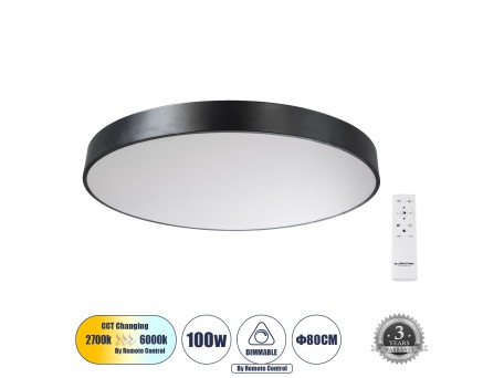 GLOBOSTAR® BURTON 61204-S Μοντέρνο Φωτιστικό Οροφής LED 100W 11020lm 120° AC 220-240V IP20 Ρυθμιζόμενο Λευκό CCT με Χειριστήριο από 2700K έως 6000K Dimmable - Lumileds SMD Chip - Μαύρο Ματ - Μ80 x Π80 x Υ8cm - 3 Χρόνια Εγγύηση