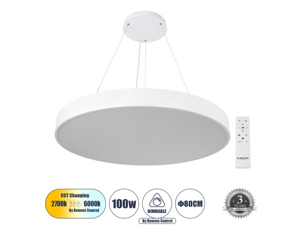 GLOBOSTAR® BURTON 61205 Μοντέρνο Κρεμαστό Φωτιστικό Οροφής LED 100W 11020lm 120° AC 220-240V IP20 Ρυθμιζόμενο Λευκό CCT με Χειριστήριο από 2700K έως 6000K Dimmable - Lumileds SMD Chip - Λευκό Ματ - Μ80 x Π80 x Υ8cm - 3 Χρόνια Εγγύηση