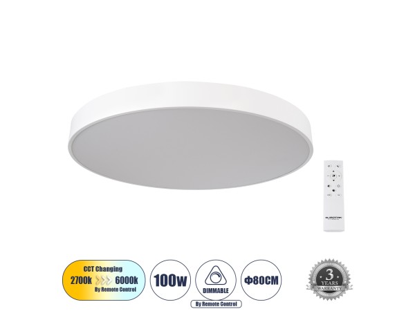 GLOBOSTAR® BURTON 61205-S Μοντέρνο Φωτιστικό Οροφής LED 100W 11020lm 120° AC 220-240V IP20 Ρυθμιζόμενο Λευκό CCT με Χειριστήριο από 2700K έως 6000K Dimmable - Lumileds SMD Chip - Λευκό Ματ - Μ80 x Π80 x Υ8cm - 3 Χρόνια Εγγύηση