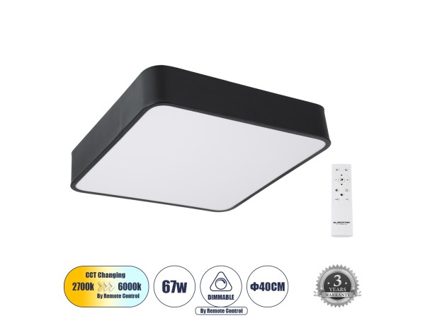 GLOBOSTAR® KAMALA 61206-S Μοντέρνο Φωτιστικό Οροφής LED 67W 7705lm 120° AC 220-240V IP20 Ρυθμιζόμενο Λευκό CCT με Χειριστήριο από 2700K έως 6000K Dimmable - Lumileds SMD Chip - Μαύρο Ματ - Μ40 x Π40 x Υ8cm - 3 Χρόνια Εγγύηση