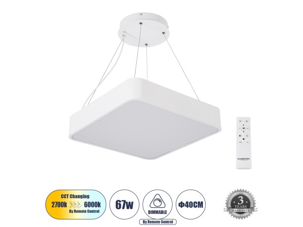 GLOBOSTAR® KAMALA 61207 Μοντέρνο Κρεμαστό Φωτιστικό Οροφής LED 67W 7370lm 120° AC 220-240V IP20 Ρυθμιζόμενο Λευκό CCT με Χειριστήριο από 2700K έως 6000K Dimmable - Lumileds SMD Chip - Λευκό Ματ - Μ40 x Π40 x Υ8cm - 3 Χρόνια Εγγύηση