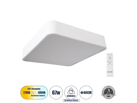GLOBOSTAR® KAMALA 61207-S Μοντέρνο Φωτιστικό Οροφής LED 67W 7370lm 120° AC 220-240V IP20 Ρυθμιζόμενο Λευκό CCT με Χειριστήριο από 2700K έως 6000K Dimmable - Lumileds SMD Chip - Λευκό Ματ - Μ40 x Π40 x Υ8cm - 3 Χρόνια Εγγύηση