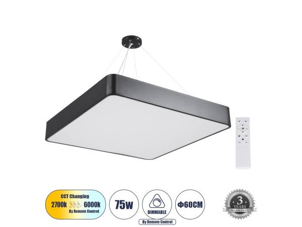 GLOBOSTAR® KAMALA 61208 Μοντέρνο Κρεμαστό Φωτιστικό Οροφής LED 75W 8625lm 120° AC 220-240V IP20 Ρυθμιζόμενο Λευκό CCT με Χειριστήριο από 2700K έως 6000K Dimmable - Lumileds SMD Chip - Μαύρο Ματ - Μ60 x Π60 x Υ8cm - 3 Χρόνια Εγγύηση GLOBOSTAR® KAMALA 61208 Μοντέρνο Κρεμαστό Φωτιστικό Οροφής LED 75W 8625lm 120° AC 220-240V IP20 Ρυθμιζόμενο Λευκό CCT με Χειριστήριο από 2700K έως 6000K Dimmable - Lumileds SMD Chip - Μαύρο Ματ - Μ60 x Π60 x Υ8cm - 3 Χρόνια Εγγύηση