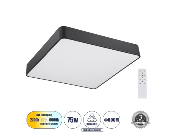 GLOBOSTAR® KAMALA 61208-S Μοντέρνο Φωτιστικό Οροφής LED 75W 8625lm 120° AC 220-240V IP20 Ρυθμιζόμενο Λευκό CCT με Χειριστήριο από 2700K έως 6000K Dimmable - Lumileds SMD Chip - Μαύρο Ματ - Μ60 x Π60 x Υ8cm - 3 Χρόνια Εγγύηση GLOBOSTAR® KAMALA 61208-S Μοντέρνο Φωτιστικό Οροφής LED 75W 8625lm 120° AC 220-240V IP20 Ρυθμιζόμενο Λευκό CCT με Χειριστήριο από 2700K έως 6000K Dimmable - Lumileds SMD Chip - Μαύρο Ματ - Μ60 x Π60 x Υ8cm - 3 Χρόνια Εγγύηση