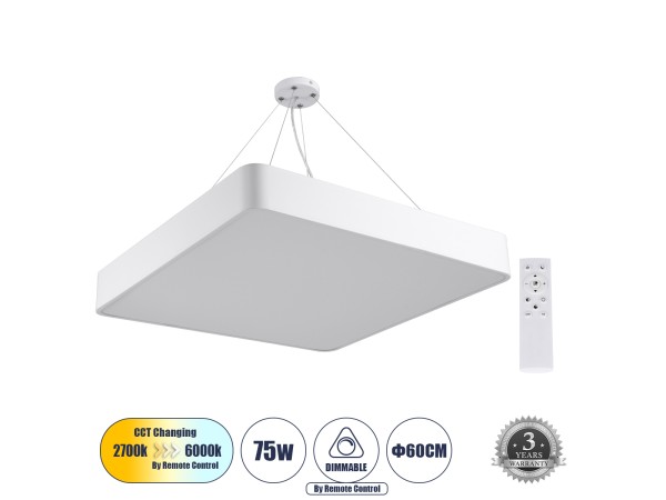 GLOBOSTAR® KAMALA 61209 Μοντέρνο Κρεμαστό Φωτιστικό Οροφής LED 75W 8625lm 120° AC 220-240V IP20 Ρυθμιζόμενο Λευκό CCT με Χειριστήριο από 2700K έως 6000K Dimmable - Lumileds SMD Chip - Λευκό Ματ - Μ60 x Π60 x Υ8cm - 3 Χρόνια Εγγύηση