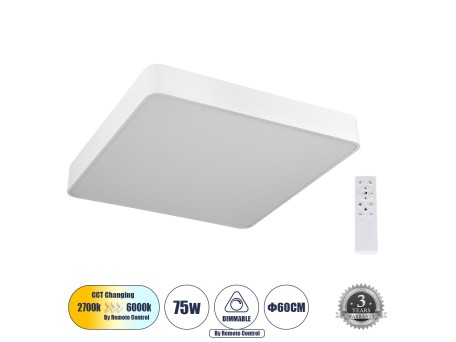 GLOBOSTAR® KAMALA 61209-S Μοντέρνο Φωτιστικό Οροφής LED 75W 8625lm 120° AC 220-240V IP20 Ρυθμιζόμενο Λευκό CCT με Χειριστήριο από 2700K έως 6000K Dimmable - Lumileds SMD Chip - Λευκό Ματ - Μ60 x Π60 x Υ8cm - 3 Χρόνια Εγγύηση