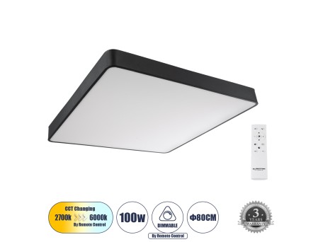 GLOBOSTAR® KAMALA 61210-S Μοντέρνο Φωτιστικό Οροφής LED 100W 10000lm 120° AC 220-240V IP20 Ρυθμιζόμενο Λευκό CCT με Χειριστήριο από 2700K έως 6000K Dimmable - Lumileds SMD Chip - Μαύρο Ματ - Μ80 x Π80 x Υ8cm - 3 Χρόνια Εγγύηση