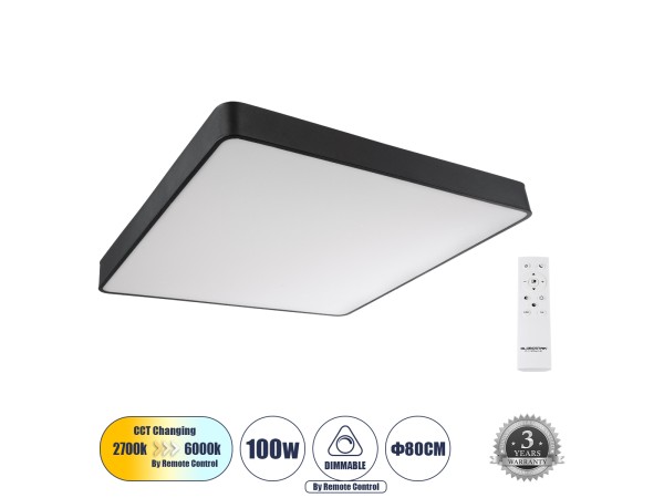 GLOBOSTAR® KAMALA 61210-S Μοντέρνο Φωτιστικό Οροφής LED 100W 11020lm 120° AC 220-240V IP20 Ρυθμιζόμενο Λευκό CCT με Χειριστήριο από 2700K έως 6000K Dimmable - Lumileds SMD Chip - Μαύρο Ματ - Μ80 x Π80 x Υ8cm - 3 Χρόνια Εγγύηση