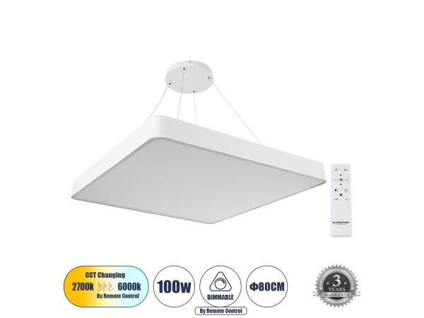 GLOBOSTAR® KAMALA 61211-P Μοντέρνο Κρεμαστό Φωτιστικό Οροφής LED 100W 11020lm 120° AC 220-240V IP20 Ρυθμιζόμενο Λευκό CCT με Χειριστήριο από 2700K έως 6000K Dimmable - Lumileds SMD Chip - Λευκό Ματ - Μ80 x Π80 x Υ8cm - 3 Χρόνια Εγγύηση