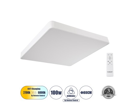 GLOBOSTAR® KAMALA 61211-S Μοντέρνο Φωτιστικό Οροφής LED 100W 11020lm 120° AC 220-240V IP20 Ρυθμιζόμενο Λευκό CCT με Χειριστήριο από 2700K έως 6000K Dimmable - Lumileds SMD Chip - Λευκό Ματ - Μ80 x Π80 x Υ8cm - 3 Χρόνια Εγγύηση