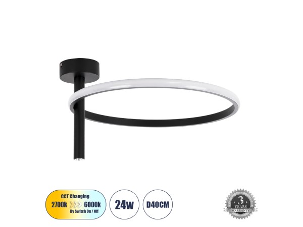GLOBOSTAR® VERONA 61220 Μοντέρνο Φωτιστικό Οροφής LED 24W 2688lm 360° AC 220-240V IP20 Ρυθμιζόμενο Λευκό CCT με On/Off 2700K/4500K/6000K - Lumileds SMD Chip - Μαύρο Ματ - Μ40 x Π40 x Υ23cm - 3 Χρόνια Εγγύηση