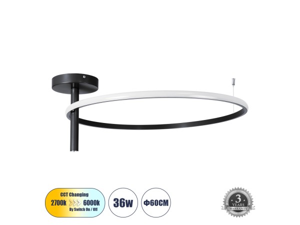 GLOBOSTAR® VERONA 61223 Μοντέρνο Φωτιστικό Οροφής LED 36W 4032lm 360° AC 220-240V IP20 Ρυθμιζόμενο Λευκό CCT με On/Off 2700K/4500K/6000K - Lumileds SMD Chip - Μαύρο Ματ - Μ60 x Π60 x Υ23cm - 3 Χρόνια Εγγύηση
