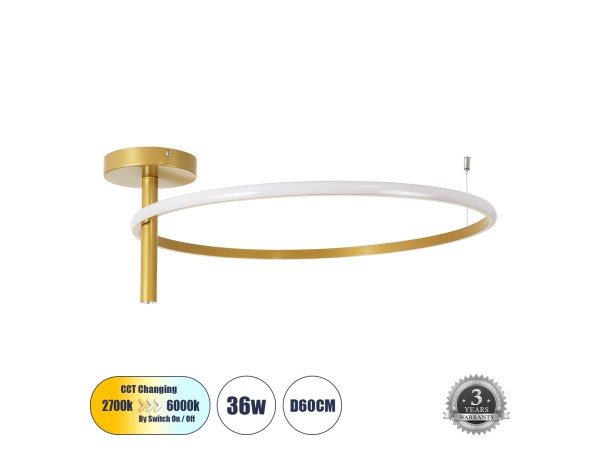 GLOBOSTAR® VERONA 61225 Μοντέρνο Φωτιστικό Οροφής LED 36W 4032lm 360° AC 220-240V IP20 Ρυθμιζόμενο Λευκό CCT με On/Off 2700K/4500K/6000K - Lumileds SMD Chip - Χρυσό Βούρτσας - Μ60 x Π60 x Υ23cm - 3 Χρόνια Εγγύηση