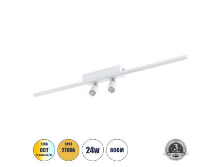 GLOBOSTAR® BARETTI 61227 Μοντέρνο Φωτιστικό Οροφής LED 24W 2688lm 160° & 45° AC 220-240V IP20 Ρυθμιζόμενο Λευκό CCT με On/Off 2700K/4500K/6000K - Lumileds SMD Chip - Λευκό Ματ - Μ80 x Π5 x Υ15cm - 3 Χρόνια Εγγύηση