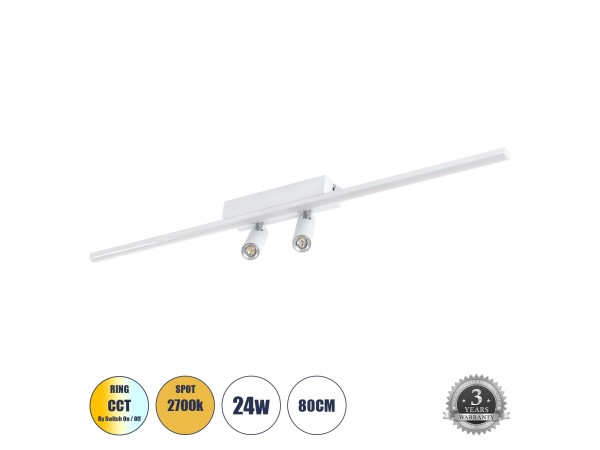 GLOBOSTAR® BARETTI 61227 Μοντέρνο Φωτιστικό Οροφής LED 24W 2688lm 160° & 45° AC 220-240V IP20 Ρυθμιζόμενο Λευκό CCT με On/Off 2700K/4500K/6000K - Lumileds SMD Chip - Λευκό Ματ - Μ80 x Π5 x Υ15cm - 3 Χρόνια Εγγύηση