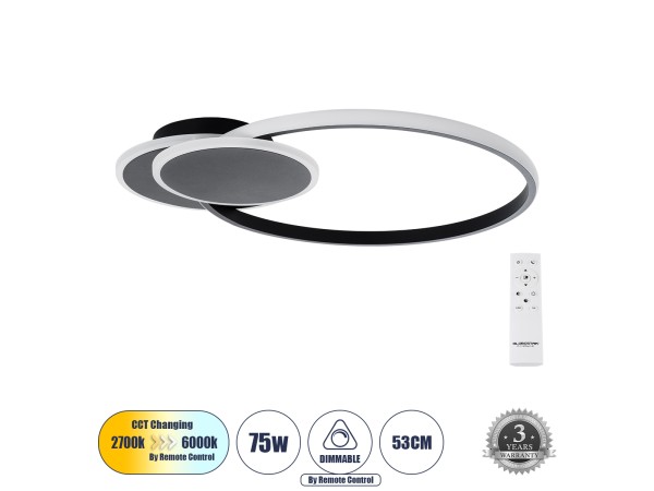 GLOBOSTAR® CIRCUO 61229 Μοντέρνο Φωτιστικό Οροφής LED 75W 8400lm 360° AC 220-240V IP20 Ρυθμιζόμενο Λευκό CCT με Χειριστήριο από 2700K έως 6000K Dimmable - Lumileds SMD Chip - Μαύρο Ματ - Μ53 x Π42.5 x Υ9cm - 3 Χρόνια Εγγύηση