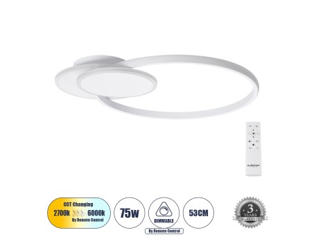 GLOBOSTAR® CIRCUO 61230 Μοντέρνο Φωτιστικό Οροφής LED 75W 8400lm 360° AC 220-240V IP20 Ρυθμιζόμενο Λευκό CCT με Χειριστήριο από 2700K έως 6000K Dimmable - Lumileds SMD Chip - Λευκό Ματ - Μ53 x Π42.5 x Υ9cm - 3 Χρόνια Εγγύηση