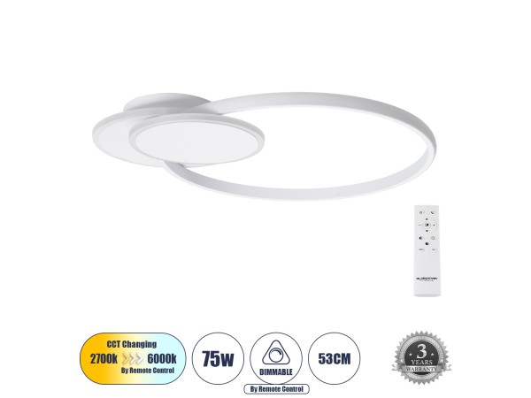 GLOBOSTAR® CIRCUO 61230 Μοντέρνο Φωτιστικό Οροφής LED 75W 8400lm 360° AC 220-240V IP20 Ρυθμιζόμενο Λευκό CCT με Χειριστήριο από 2700K έως 6000K Dimmable - Lumileds SMD Chip - Λευκό Ματ - Μ53 x Π42.5 x Υ9cm - 3 Χρόνια Εγγύηση