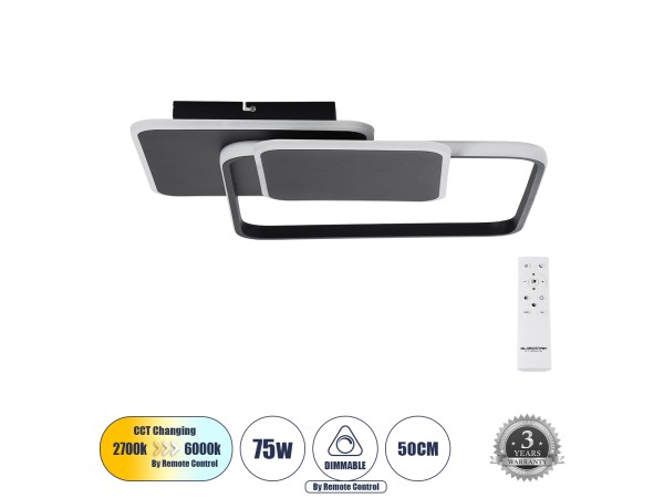 GLOBOSTAR® SQUARO 61231 Μοντέρνο Φωτιστικό Οροφής LED 75W 8400lm 360° AC 220-240V IP20 Ρυθμιζόμενο Λευκό CCT με Χειριστήριο από 2700K έως 6000K Dimmable - Lumileds SMD Chip - Μαύρο Ματ - Μ48.5 x Π51 x Υ9cm - 3 Χρόνια Εγγύηση